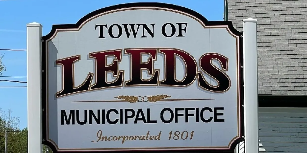 Leeds town office sign with date