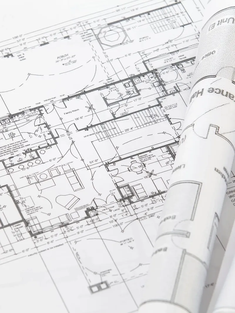 Rolled architectural drawings on table